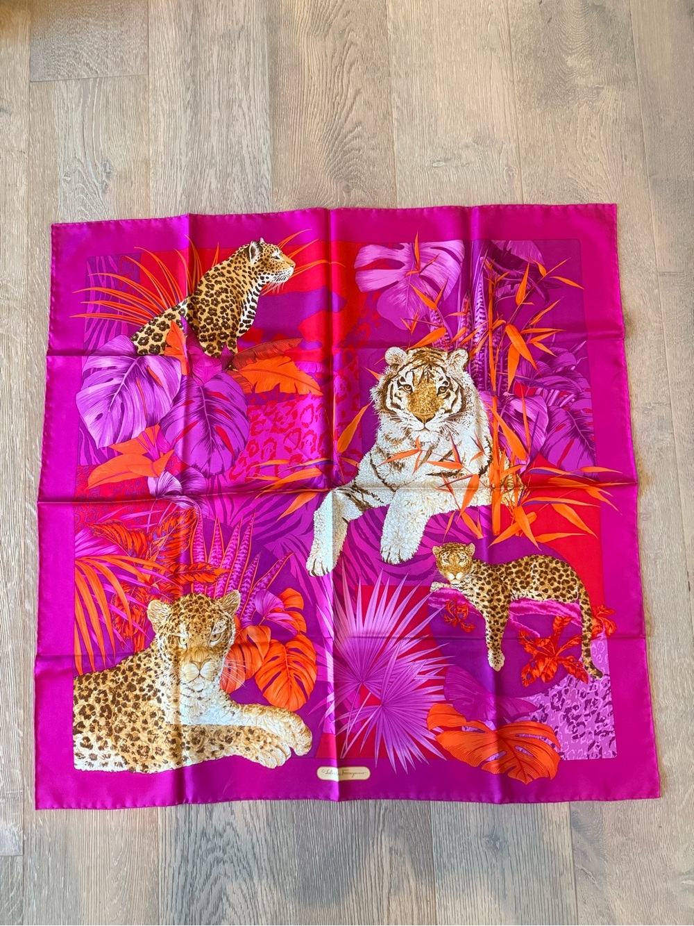 Salvatore Ferragamo Hot Pink Silk Scarf with Orange & Purple Jungle Motif